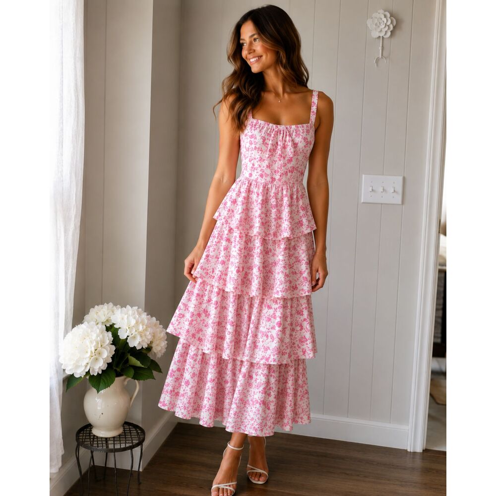 Pink Floral Tiered Ruffle Sundress Adjustable Straps Medium Cottagecore